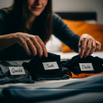 Manos de mujer organizando ropa en tres montones etiquetados 'Queda', 'Sale', 'Duda' en una cama. Método de organización.