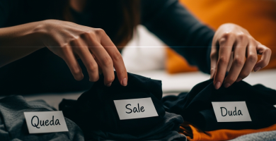 Manos de mujer organizando ropa en tres montones etiquetados 'Queda', 'Sale', 'Duda' en una cama. Método de organización.