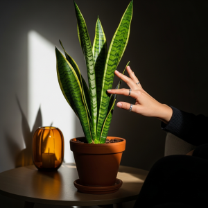 Mano de mujer tocando suavemente una Sansevieria en un salón moderno, luz natural y maceta de terracota.