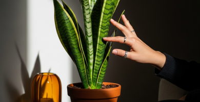 Mano de mujer tocando suavemente una Sansevieria en un salón moderno, luz natural y maceta de terracota.