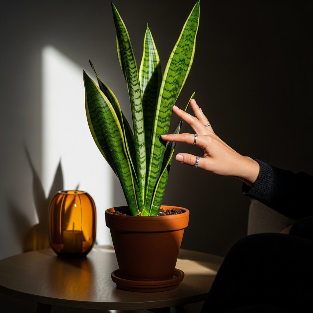 Mano de mujer tocando suavemente una Sansevieria en un salón moderno, luz natural y maceta de terracota.