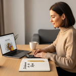 Mujer española en escritorio con portátil mostrando web de impuestos, calculadora y cuaderno de 'Declaración de la Renta'.