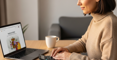 Mujer española en escritorio con portátil mostrando web de impuestos, calculadora y cuaderno de 'Declaración de la Renta'.