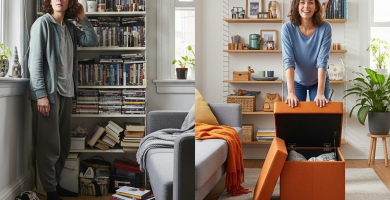 Imagen dividida mostrando una sala pequeña antes (desordenada) y después (organizada con estantes verticales y muebles multifuncionales).