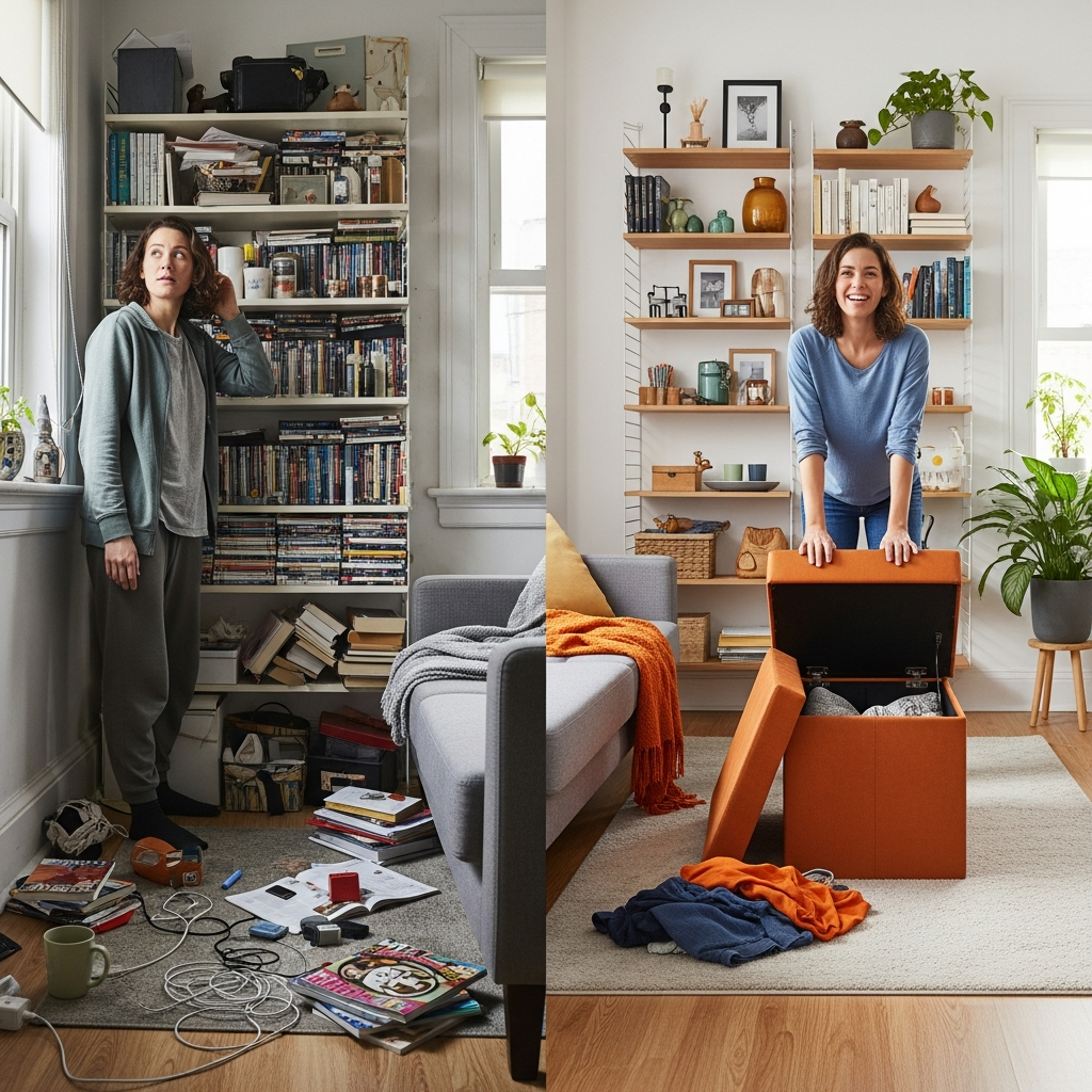 Imagen dividida mostrando una sala pequeña antes (desordenada) y después (organizada con estantes verticales y muebles multifuncionales).