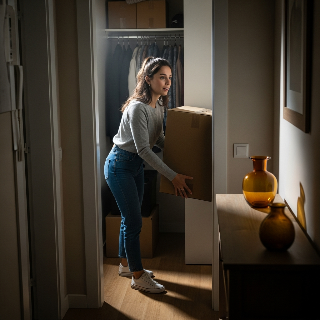 Mujer española despejando un pasillo, empujando una caja para mejorar el flujo de energía en su hogar.