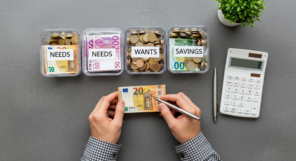 Manos organizando euros en tres frascos etiquetados '900€ Necesidades', '540€ Deseos', '360€ Ahorro'.