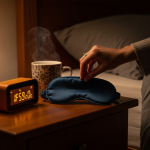 Mano de mujer colocando antifaz de noche junto a despertador con luz ámbar y té de hierbas en mesita de noche.