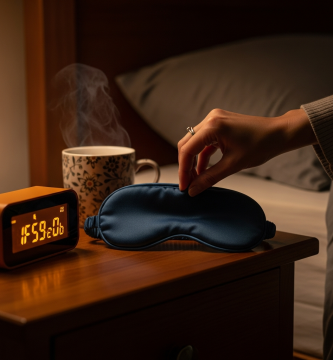 Mano de mujer colocando antifaz de noche junto a despertador con luz ámbar y té de hierbas en mesita de noche.