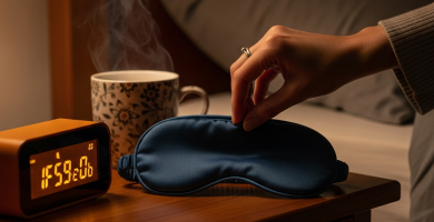 Mano de mujer colocando antifaz de noche junto a despertador con luz ámbar y té de hierbas en mesita de noche.