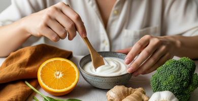 Vista superior de alimentos saludables: naranja, jengibre, ajo, yogur, espinacas, brócoli, sobre tela crema y servilleta ámbar.