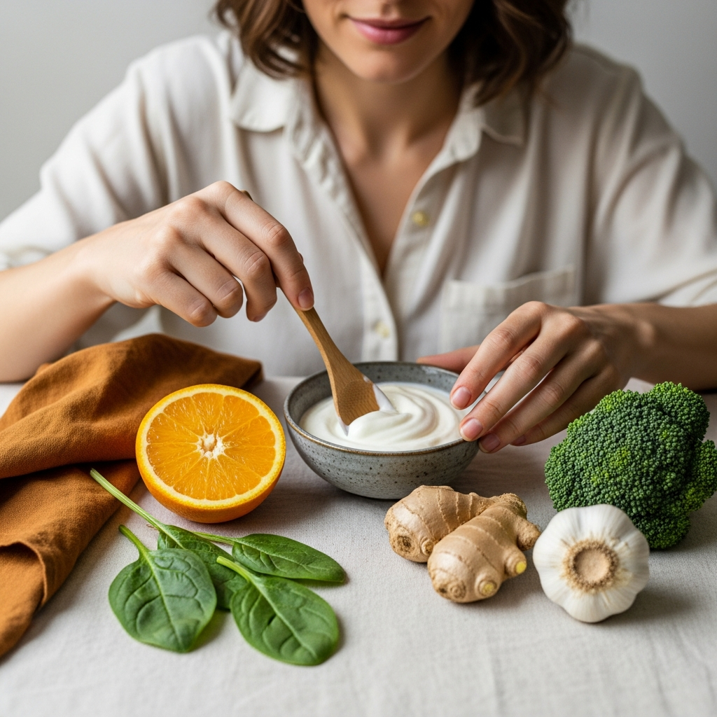 Vista superior de alimentos saludables: naranja, jengibre, ajo, yogur, espinacas, brócoli, sobre tela crema y servilleta ámbar.