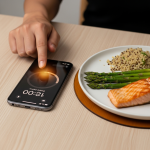 Mano ajustando un temporizador en un smartphone junto a una comida saludable, hora 13:00. Ayuno intermitente.
