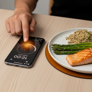 Mano ajustando un temporizador en un smartphone junto a una comida saludable, hora 13:00. Ayuno intermitente.