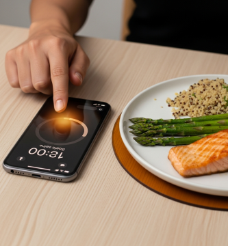Mano ajustando un temporizador en un smartphone junto a una comida saludable, hora 13:00. Ayuno intermitente.