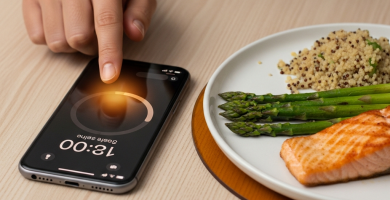Mano ajustando un temporizador en un smartphone junto a una comida saludable, hora 13:00. Ayuno intermitente.