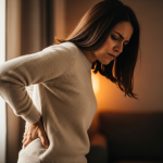 Mujer española tocándose la espalda baja con determinación, luz cálida
