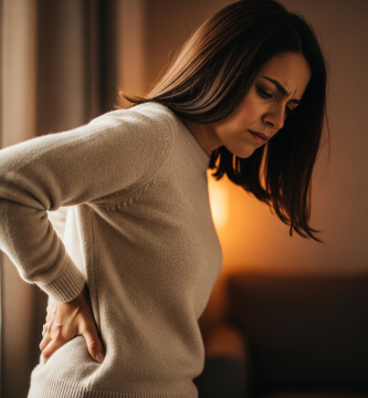 Mujer española tocándose la espalda baja con determinación, luz cálida