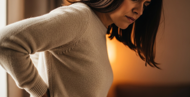 Mujer española tocándose la espalda baja con determinación, luz cálida