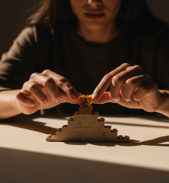 Manos de mujer construyendo una torre con pequeños bloques de colores neutros y uno ámbar, simbolizando la formación gradual de hábitos.