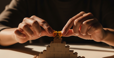 Manos de mujer construyendo una torre con pequeños bloques de colores neutros y uno ámbar, simbolizando la formación gradual de hábitos.