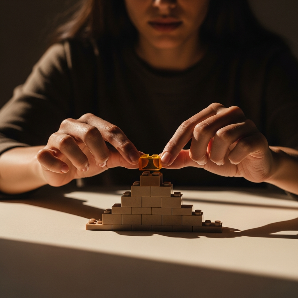 Manos de mujer construyendo una torre con pequeños bloques de colores neutros y uno ámbar, simbolizando la formación gradual de hábitos.