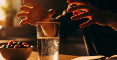 Manos alcanzando un vaso de agua en una cocina soleada, con bayas y una libreta, simbolizando energía matutina.