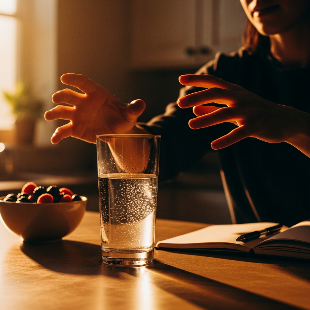 Manos alcanzando un vaso de agua en una cocina soleada, con bayas y una libreta, simbolizando energía matutina.