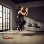 Mujer española atlética realizando una sentadilla con salto en el salón, mostrando fuerza y determinación en un entrenamiento en casa sin material.