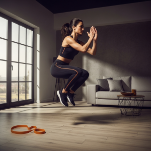 Mujer española atlética realizando una sentadilla con salto en el salón, mostrando fuerza y determinación en un entrenamiento en casa sin material.