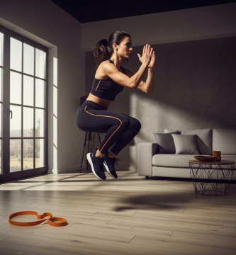 Mujer española atlética realizando una sentadilla con salto en el salón, mostrando fuerza y determinación en un entrenamiento en casa sin material.
