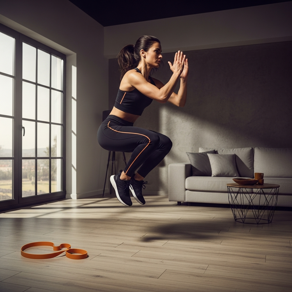 Mujer española atlética realizando una sentadilla con salto en el salón, mostrando fuerza y determinación en un entrenamiento en casa sin material.