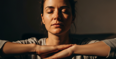 Primer plano cinematográfico de mujer española meditando serenamente con luz suave, manos en el regazo, expresión de paz.