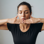 Manos de mujer española en el diafragma, ojos cerrados, respirando profundamente con luz ámbar, relajación