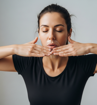Manos de mujer española en el diafragma, ojos cerrados, respirando profundamente con luz ámbar, relajación