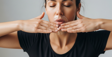 Manos de mujer española en el diafragma, ojos cerrados, respirando profundamente con luz ámbar, relajación