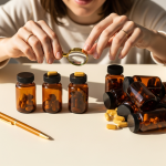 Vista cenital de suplementos vitamínicos, algunos etiquetados como 'Vitamina D', 'Magnesio', 'Omega-3', y otros genéricos apartados.