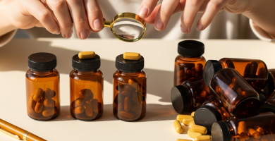 Vista cenital de suplementos vitamínicos, algunos etiquetados como 'Vitamina D', 'Magnesio', 'Omega-3', y otros genéricos apartados.