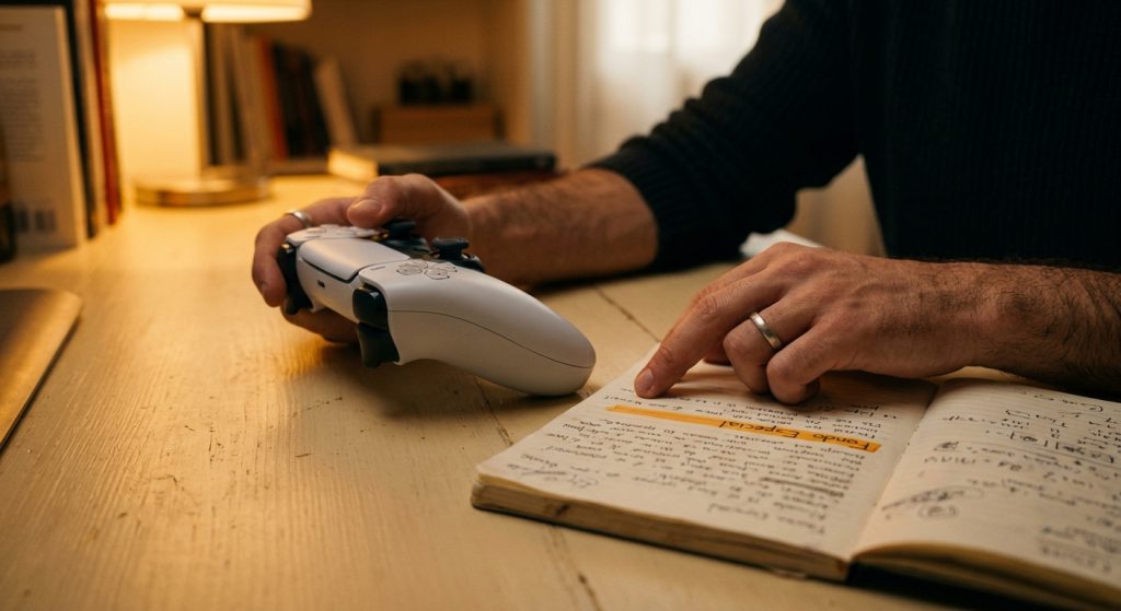 Manos sosteniendo un mando de consola junto a un cuaderno de ahorro con la nota escrita 'Fondo Especial'