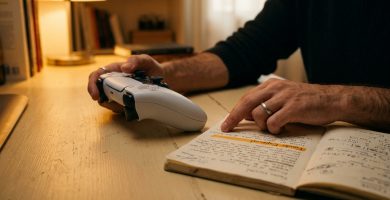 Manos sosteniendo un mando de consola junto a un cuaderno de ahorro con la nota escrita 'Fondo Especial'