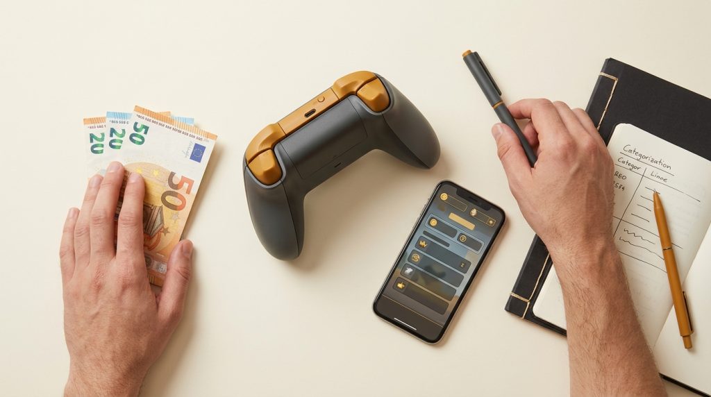 Vista cenital de un controlador de juego, billetes de euro, un cuaderno con 'Ingresos GTA VI' y un smartphone con interfaz de juego.