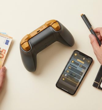 Vista cenital de un controlador de juego, billetes de euro, un cuaderno con 'Ingresos GTA VI' y un smartphone con interfaz de juego.