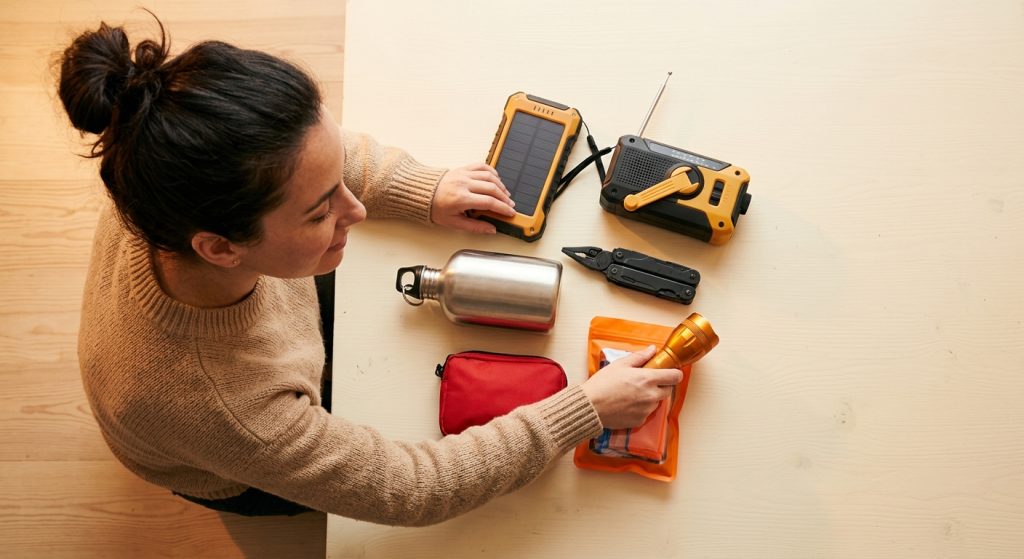 Kit de emergencia familiar completo preparado sobre mesa para catástrofes naturales