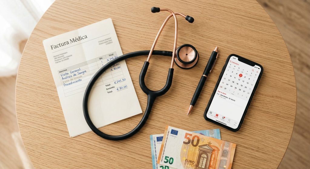Factura médica privada con estetoscopio y billetes de euro sobre escritorio de madera