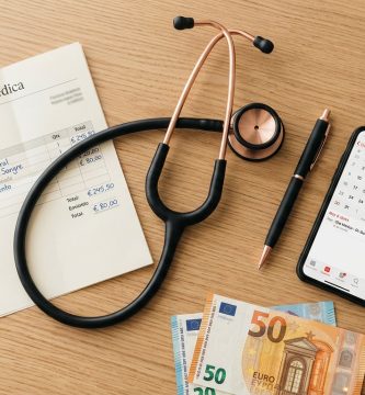 Factura médica privada con estetoscopio y billetes de euro sobre escritorio de madera