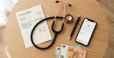 Factura médica privada con estetoscopio y billetes de euro sobre escritorio de madera