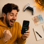 Flat-lay de mando de consola, billetes de euro y app de bolsa, simbolizando la inversiu00f3n en el impacto econu00f3mico de GTA VI.