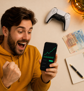 Flat-lay de mando de consola, billetes de euro y app de bolsa, simbolizando la inversiu00f3n en el impacto econu00f3mico de GTA VI.