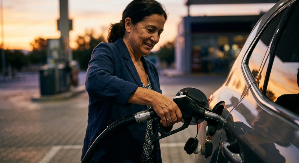 Manos repostando combustible en una gasolinera al amanecer con luz ámbar