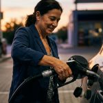 Manos repostando combustible en una gasolinera al amanecer con luz ámbar